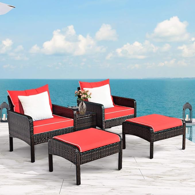 Tangkula 5 Pieces Wicker Patio Furniture Set, PE Rattan Outdoor All Weather Cushioned Sofas and Ottoman Set, 2-Person Outside Conversation Set for Lawn, Poolside, Yard, Balcony, Deck, Red