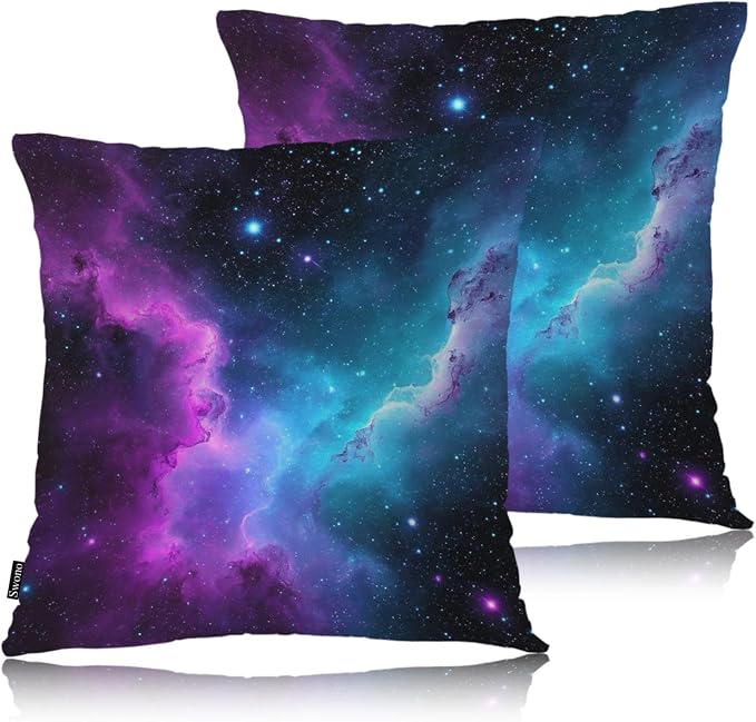 Swono Galaxy Space Set of 2 Throw Pillow Covers Cosmos Starry Night Stars Galaxy Outer Space 18x18 Inches Pillow Cases Standard Cushion Cover Square Pillowcases for Men Women Decorative Home Bed Sofa