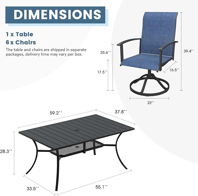 DIFY 7 Pieces Outdoor Dining Set, Metal Patio Table and Chairs Set for 6 with Umbrella Hole, 59.2" Black Rectangle Table and Blue Textilene Swivel Patio Chairs for Garden, Backyard, Poolside