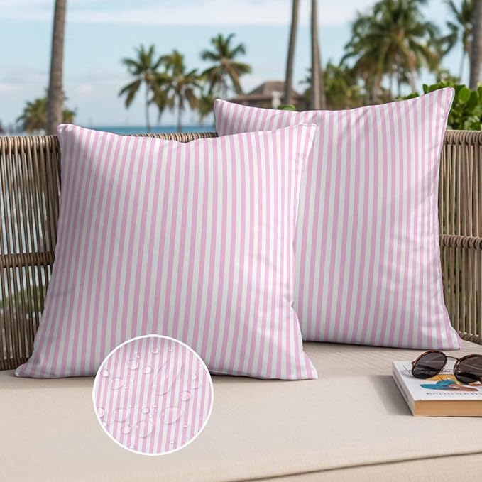 Throw Pillow Covers 24x24 Inch Set of 2, Pink White Stripe Waterproof Outdoor Cushion Covers, Modern Minimalist Geometric Striped Decorative Pillowcases for Couch, Sofa, Bed, Garden, Patio
