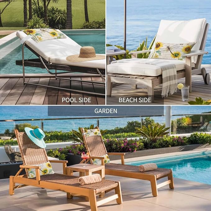 Outdoor Lumbar Pillow Set of 1, Dragonfly Sunflowers Waterproof Beach Headrest Pillow with Inserts, Vintage Botanical Yellow Floral Beige Recliner Throw Pillows for Patio Furniture, 12 x 20