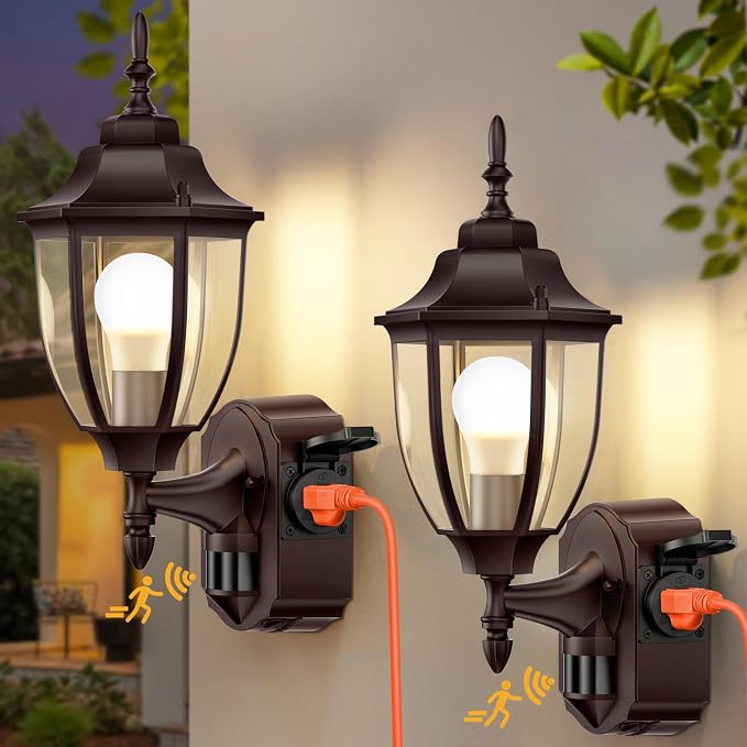 2 Pack Porch Lights with Outlet, Motion Sensor Outdoor Lights, Updated Dusk to Dawn Exterior Lighting Fixtures, Waterproof Anti-Rust Aluminum Outside Light for House Entryway Garage, Brown