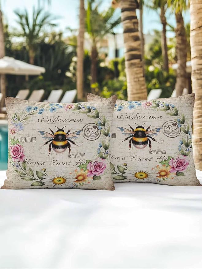 Outdoor Waterproof Throw Pillows Farmhouse Flower Leaf Wreath Patio Pillows Pack of 2,Decorative Pillow Covers with Insert,Pillow Cushion Case for Garden Couch Sofa Rustic Bee Retro Letter