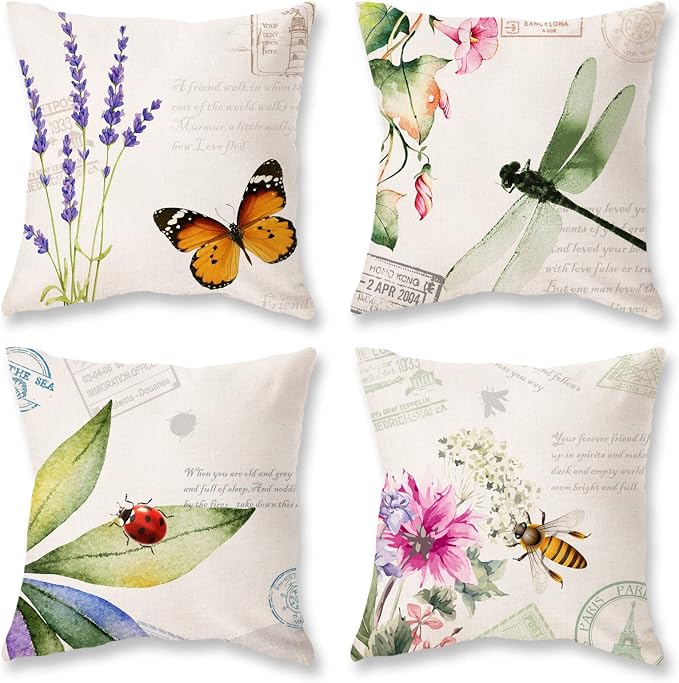 ONWAY Outdoor Garden Decoration Bee/Butterfly/Dragonfly/Ladybug Pillow Case Leaf/Lavender/Flower Decorative Throw Pillow Covers 18 x 18 Inches, Set of 4