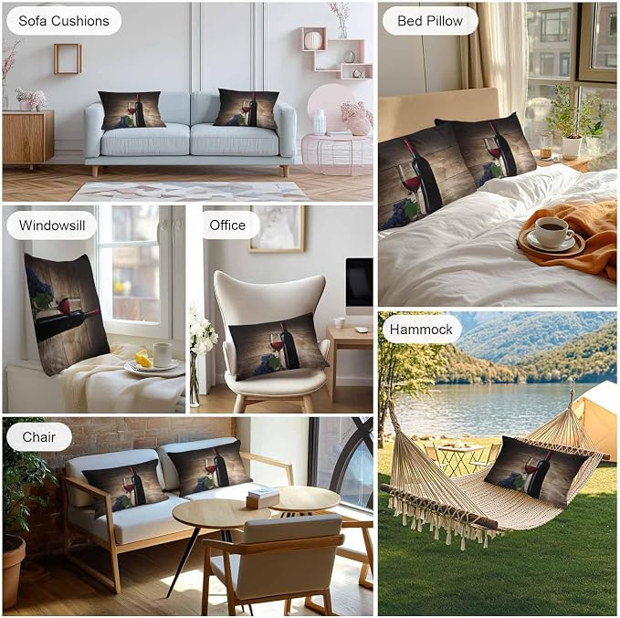 Red Wines Outdoor Pillow Covers 20x12 Inch Lumbar Pillow Covers Set of 2 Waterproof Decorative Throw Pillow Cases Grapes Vintage Wooden Grain Farmhouse Cushion Covers for Patio Furniture Garden Couch