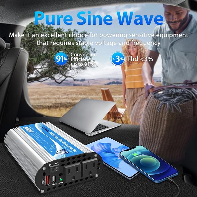 Pure Sine Wave Power Inverter 300Watt Car Adapter Converts 12V DC to 120V AC with Type-C PD30W and QC3.0 USB and 2 AC Outlets for Tablets Laptops Smartphones