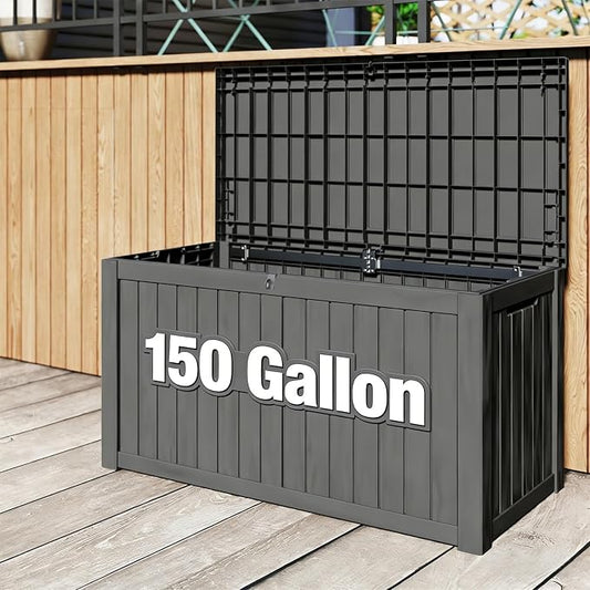 150 Gallon Waterproof Resin Outdoor Storage Box, Lockable & UV Resistant | Patio Deck Boxes, Outside Storage for Patio Cushions, Pool Toys, Garden Tools & Package Delivery, Black