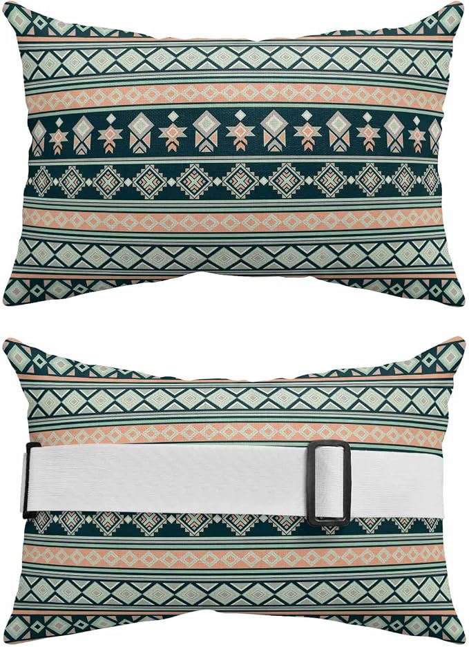 Outdoor Lumbar Pillow Set of 2, Dark Green Boho Striped Waterproof Beach Headrest Pillow with Inserts, Southwestern Ethnic Tribe Vintage Recliner Throw Pillows for Patio Furniture, 12 x 20