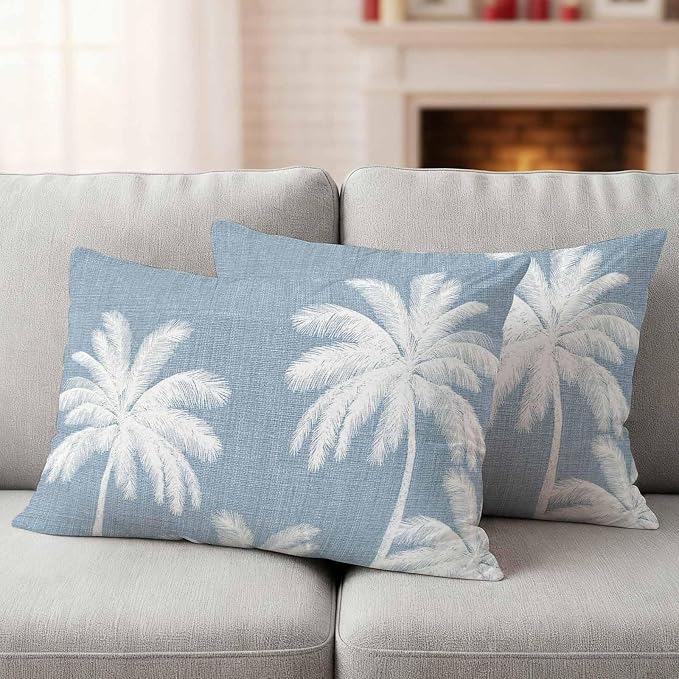 Lumbar Pillow Covers 20x12 Inch Set of 2, Light Blue Palm Trees Waterproof Outdoor Pillow Covers, Farmhouse Tropical Summer Beach Decorative Cushion Pillowcases for Couch, Sofa, Bed, Garden, Patio