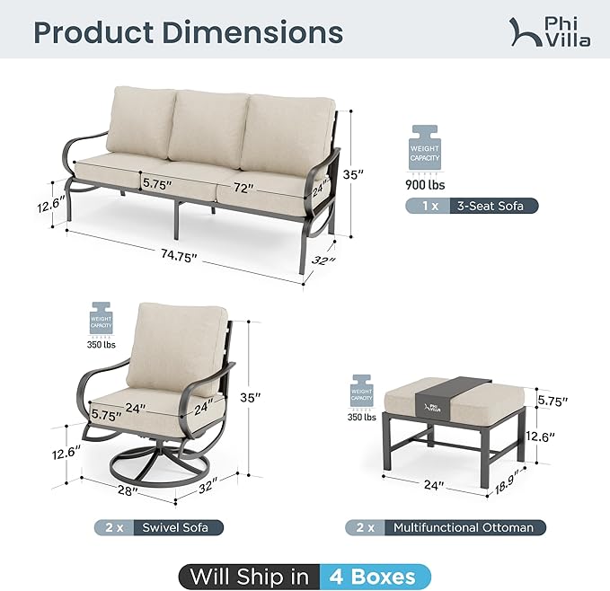 PHI VILLA 5 Piece Metal Patio Furniture Set with 5.75" Cushion, Modern Outdoor Furniture Set with 3-Seater Deep Seating Sofa, 2 Patio Swivel Chairs & 2 Ottoman, Patio Conversation Sets for Garden Deck
