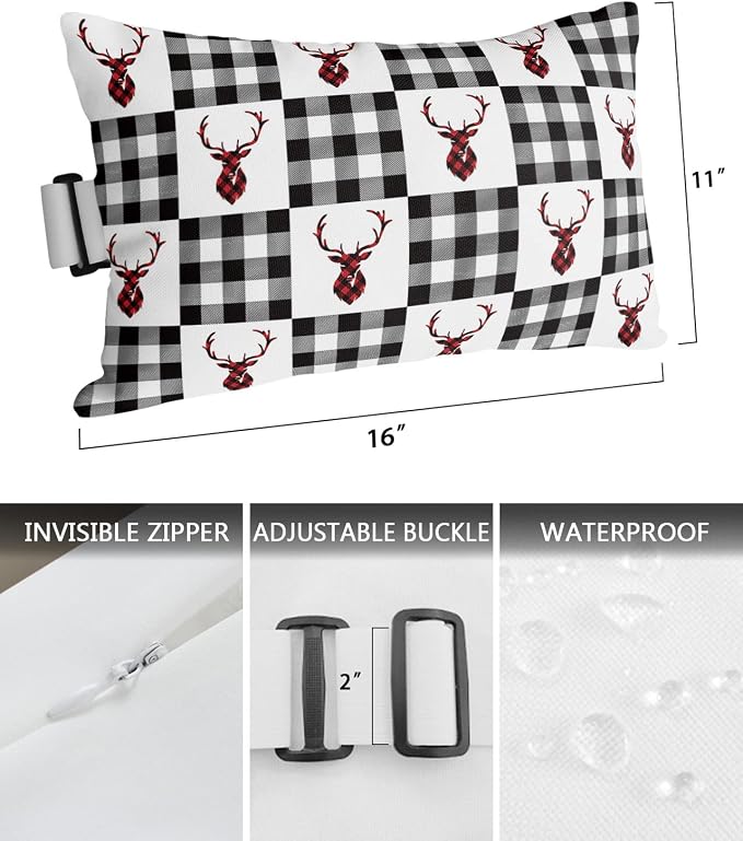 Outdoor Pillows Covers with Inserts Merry Christmas Winter Elk Black and White Plaid Waterproof Pillow with Adjustable Strap Throw Pillows for Patio Furniture Recliner Lounge Chair, 11x16 inch, 1PCS