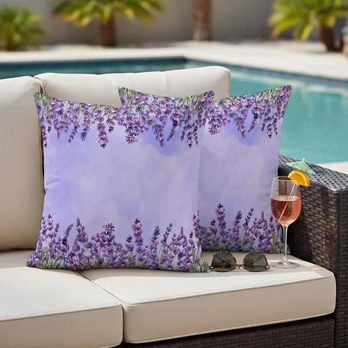 Outdoor Waterproof Throw Pillow Covers Set of 2 Lavender Spring Flowers Pillowcases 16x16 Inches Purple Floral Leaves Decorative Pillows Cushion Case Patio Pillows for Couch Bed Chair Garden