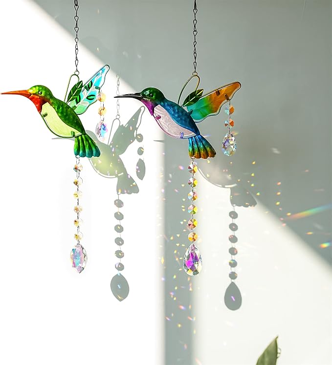 2PCS 18.1" Hummingbird Suncatchers,Stained Glass Window Hanging Ornament | Rainbow Maker Crystal Prism Suncatcher, Window Hanging Ornament, Indoor & Outdoor Home Garden Decor