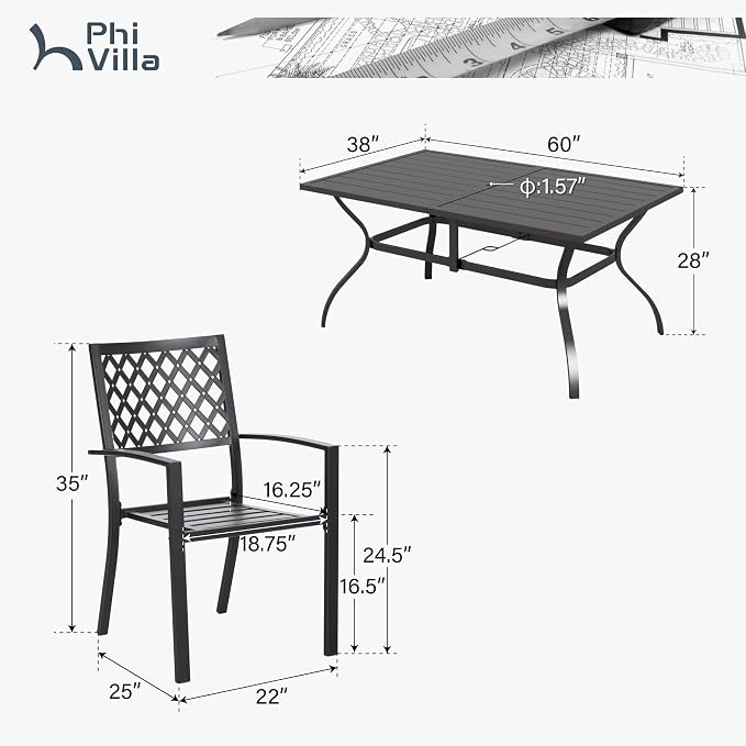 PHI VILLA 7 Piece Metal Outdoor Patio Dining Bistro Sets with Umbrella Hole, 60.2" x 37.8" Rectangle Patio Table and 6 Backyard Garden Outdoor Chairs, Black