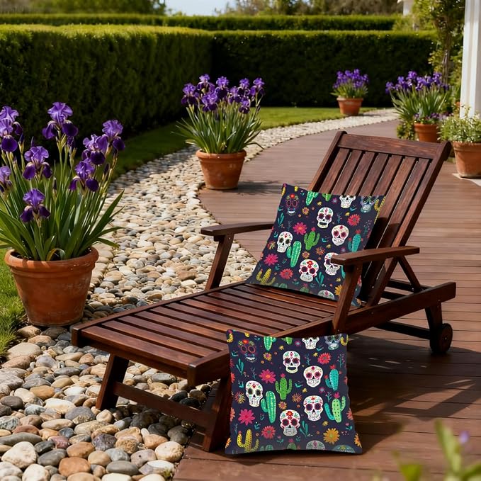 16x16 Inch Outdoor Pillow Covers Set of 2 Waterproof Throw Pillow Covers Decorative Couch Cushion Covers Mexican Skulls Cacti Flowers Square Pillowcases Protectors for Patio Garden Sofa