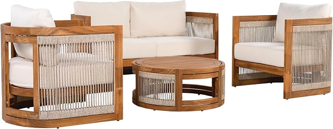 JIVOIT Acacia Wood Outdoor Furniture Set, 4-Piece Patio Seating Group with 2 Chairs, Loveseat & Coffee Table, Curved Tub Design with Woven Rope Accents, Water-Resistant Cushions (Beige,Teak//51)