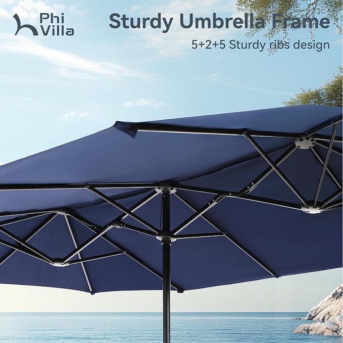 PHI VILLA 8 Piece Outdoor Dining Set with 13ft Patio Umbrella (Navy Blue), 6 Patio Padded Swivel Dining Chairs & 1 Large Metal Dining Table for Lawn Garden Backyard (No Umbrella Base)