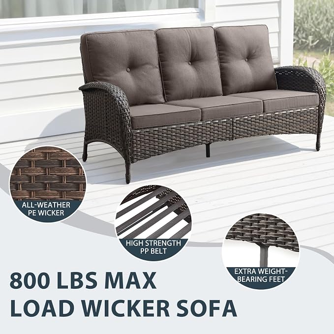 7 Piece Patio Furniture Set - Wicker Patio Conversation Set with Swivel Glider, 3 Seat Sofa, 2 Ottomans, Glass Side Table and Coffee Table for Deck Backyard - Brown Wicker Grey Cushion