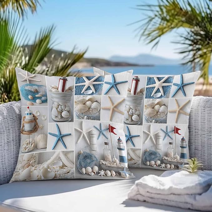 Summer Coastal Grid Outdoor Pillow Covers Set of 2, Ocean Starfish Lighthouse Pearl Decorative Waterproof Throw Pillowcase Nautical Cotton Linen Soft Cozy Cushion Cover Pillowsham 20x20In