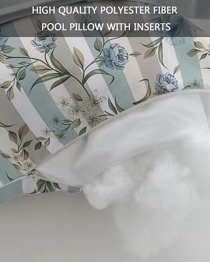 Outdoor Pillows Covers with Inserts Retro Blue White Flowers Grey Stripe Waterproof Recliner Pillow with Adjustable Strap Throw Pillows for Patio Furniture Pool Lounge Chair, 12x20 inch, 1PCS