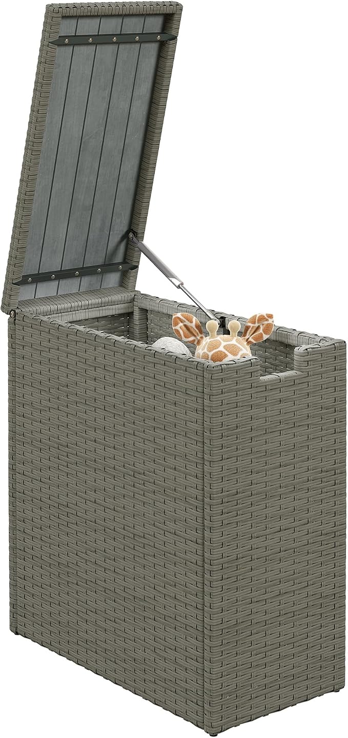 Outsunny 17 Gallon Wicker Small Deck Box, PE Rattan Outdoor Storage Box with Slatted Acacia Wood Flip Top for Indoor, Patio Furniture Cushions, Pool Supplies, Garden Tools, UV Resistant, Gray