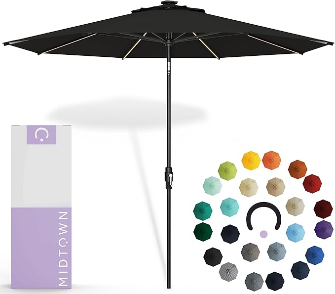 Midtown Umbrellas The LED Swilt 9 Feet Outdoor Patio Umbrella With Sunbrella Black Acrylic Fabric - Auto-Tilt And Swivel Aluminum Frame, Black Pole