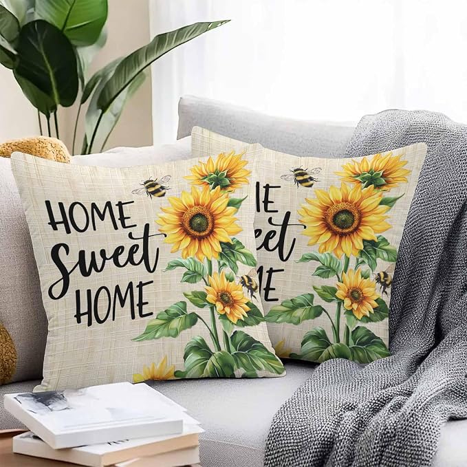 Throw Pillow Covers 18x18 Inch Set of 2, Spring Sunflowers Waterproof Outdoor Pillow Covers, Bee Beige Farm Country Rustic Decorative Cushion Pillowcases for Couch, Sofa, Bed, Garden, Patio