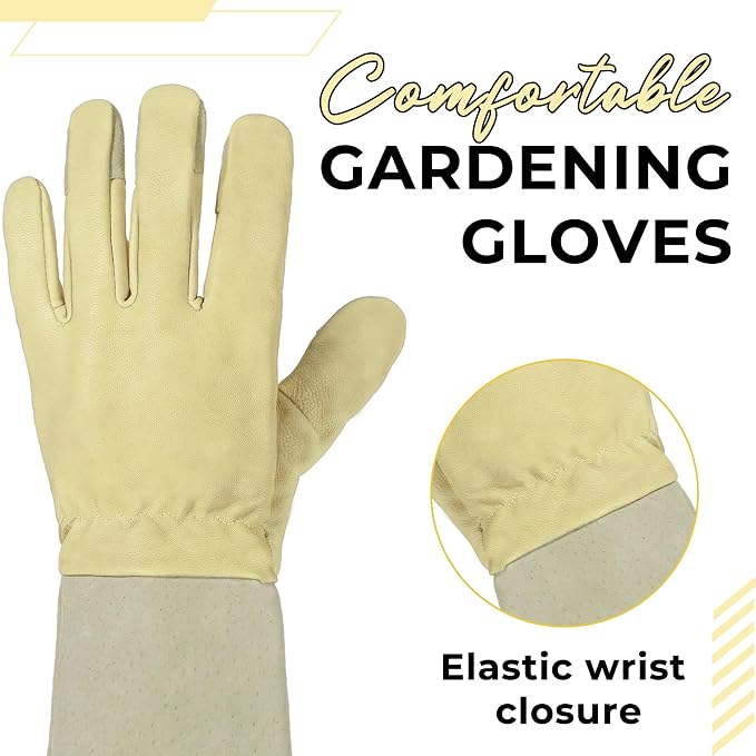 HANDLANDY Rose Pruning Gloves for Men Women, Thorn Proof Gardening Gloves | Long Leather Gardening Gloves, Breathable Leather Gauntlet, Best Garden Gifts & Tools for Gardener (Vanilla, XL)