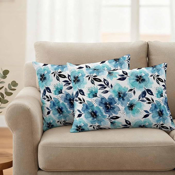 Botanical Floral Leaves Outdoor Pillow Covers 20"x12" Set of 2, Watercolor Painting Blue Gradient Blooms Waterproof Throw Pillow Covers for Patio Furniture, Decorative Cushion Covers for Porch