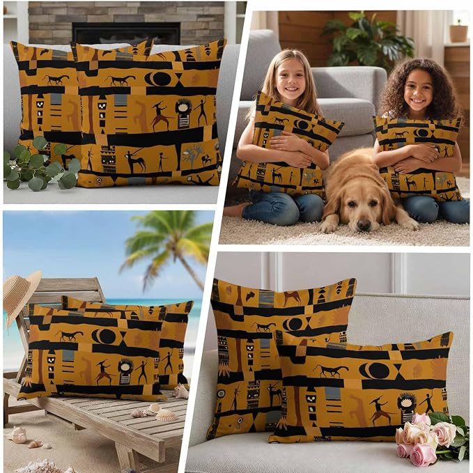 Yukro Ethnic African Outdoor Waterproof Pillow Covers Pack of 2, Abstract Exotic Ethnic Black African Decorative Throw Pillowcases Cushion Covers for Garden Patio Tent Sofa Couch, 16x16 inch
