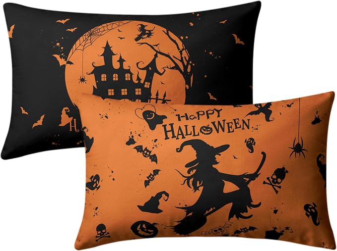 Halloween Lumbar Pillow Covers 12X20 Witch Castle Spider Web Rectangle Pillowcase Set of 2 for Living Room Couch Orange and Black Waist Pillow Covers Halloween Decoration