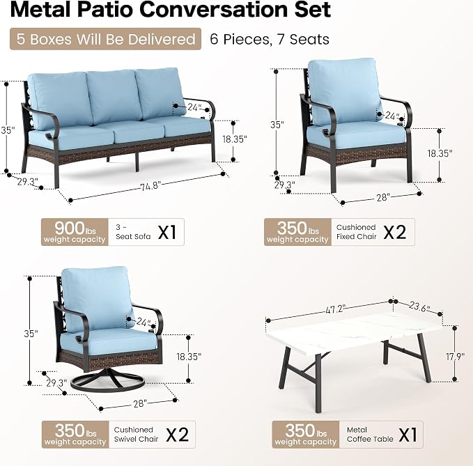 SUNSHINE VALLEY 6 Piece Metal Outdoor Patio Furniture Set - 1 3-Seater & 2 Fixed & 2 Swivel Sofas with 5.75" Thick Cushion & Coffee Table - Black & Blue Backyard Furniture