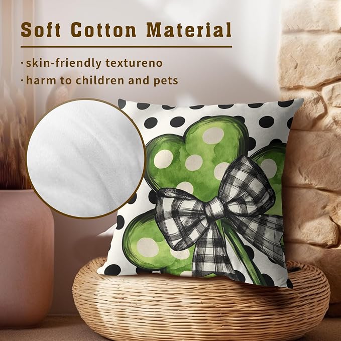 Lucky Shamrock Throw Pillow Covers 16x16 Inch – Set of 2 Green Clover with Black White Plaid Bow Polka Dot Holiday Cotton Pillowcases for Couch Sofa Bed Porch Farmhouse Home Decor