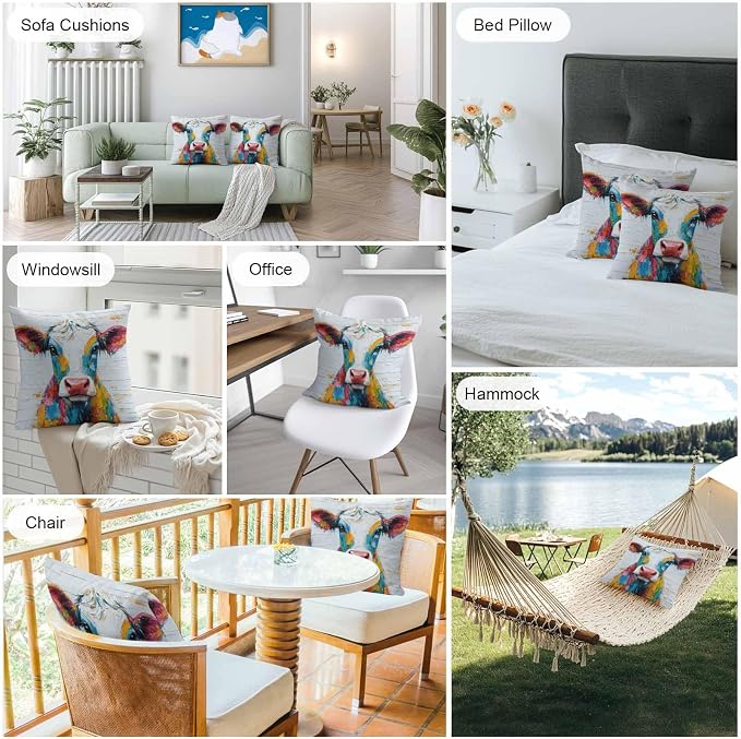 Colorful Cow Outdoor Pillow Covers Pack of 2 Rustic Animal Abstract Cattle Wood Grain Waterproof Throw Pillow Covers Decorative Cushion Cases for Patio Garden Tent Balcony Couch 24x24 inch