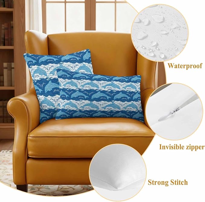 Waterproof Pillow Covers Set of 2,Summer Sea Dolphins Outdoor Pillow Protectors with Zipper Pillowcases for Patio Tent Garden Beach 18x18 Inches Blue White Waves