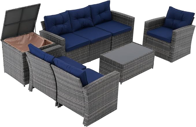 Super Patio 8 Pieces Outdoor Patio Furniture Set, Wicker Patio Conversation Sets with Storage Box, Rattan Outdoor Sectional Sofa Set with Cushions and Coffee Table for Outside Porch, Deck, Navy Blue