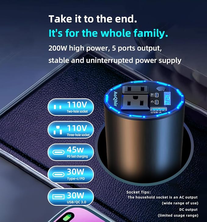 12V Car Power Inverter 200W DC to AC 110V Converter with PD 45W USB-C & QC3.0 Fast Charging, Dual AC Outlets, Smart Cooling Fan, Multi-Protection for Phone, Tablet, Laptop, Car Fridge