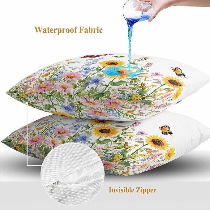 Colorful Florals Outdoor Waterproof Throw Pillow Covers Set of 2, 16"x16", Sunflower Daisy Butterfly Farm Botanical Decorative Pillow Covers Outside Cushion Case for Patio Porch Garden
