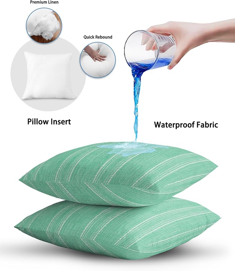 Waterproof Outdoor Pillow Set of 2 Mint Green Linen Stripes Decorative Throw Pillows Cover & Insert 20x12 Inch Lumbar Pillowcase Parallel Vertical Lines Pillows for Couch Sofa Bed Patio Furniture