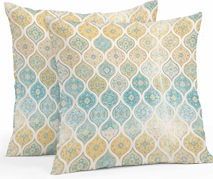 Turquoise Yellow Boho Outdoor Pillow Covers 16x16 Inch Throw Pillow Covers Set of 2 Waterproof Decorative Pillow Cases Southwest Aztec Abstract Geometric Cushion Covers for Patio Furniture Garden