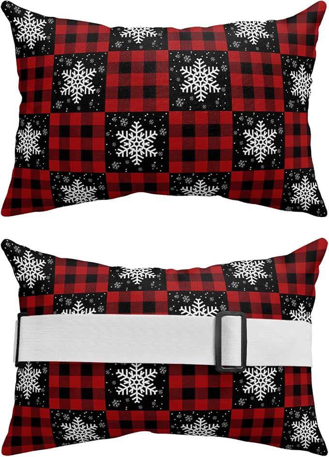Outdoor Pillows Covers with Inserts Winter Snowflake Red and Black Plaid Waterproof Recliner Pillow with Adjustable Strap Throw Pillows for Patio Furniture Pool Lounge Chair, 12x20 inch, 2PCS