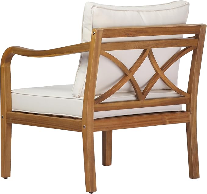 Merax Outdoor Acacia Wood Armchair Set of 2 with Elegant Cross Back Design, Deep Seating Patio Lounge Chairs with Removable Soft Cushions for Porch, Garden, Backyard, Balcony, Teak & Beige