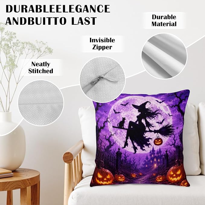 Purple Halloween Pillow Covers 16x16 Set of 2 Full Moon Night Castle Witch Throw Pillow Covers Bat Jack-O-Lantern Decorative Pillowcase for Couch Sofa Indoor Outdoor