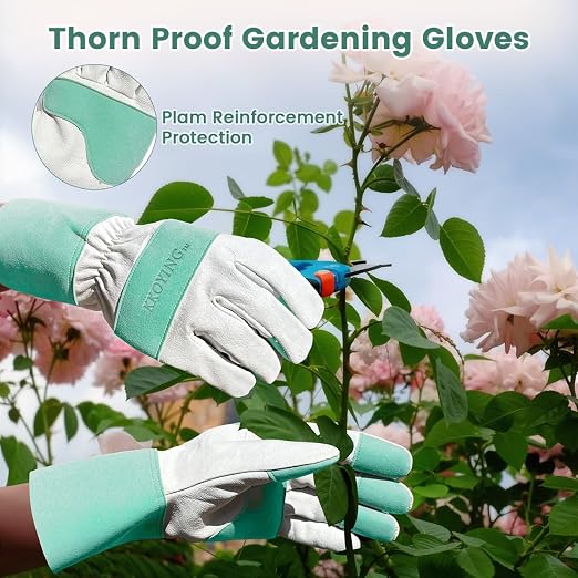 Gardening Gloves, Long Thorn Proof Garden Gloves for Women and Men, Goatskin Breathable Leather Work Gloves for Gardening, Pruning, Yard Work, Turquoise, L