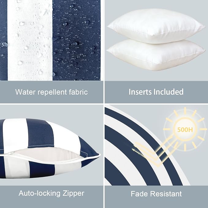 LVTXIII Outdoor Throw Pillows 20x20 Patio Waterproof Square Pillows with Piping Fade Resistant Accent Pillow for Spring Summer Garden Decoration, Set of 2, Cabana Navy