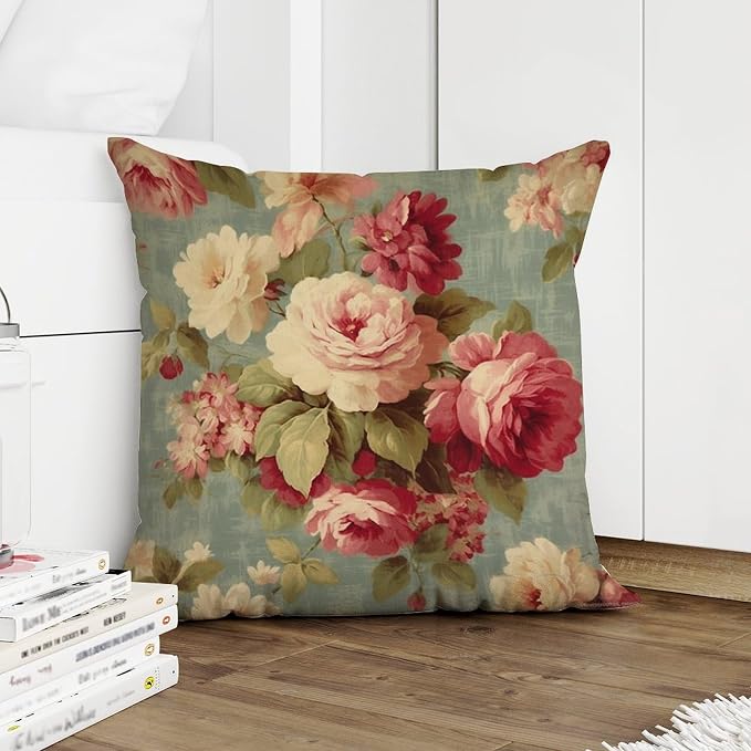 Cushion Cases Watercolor Pink Roses Pillowcase Classic Romantic Aqua Flower Pillow Cover Accent Square Couch Sofa Cushion Covers for Couch Sofa Patio 18x18 in