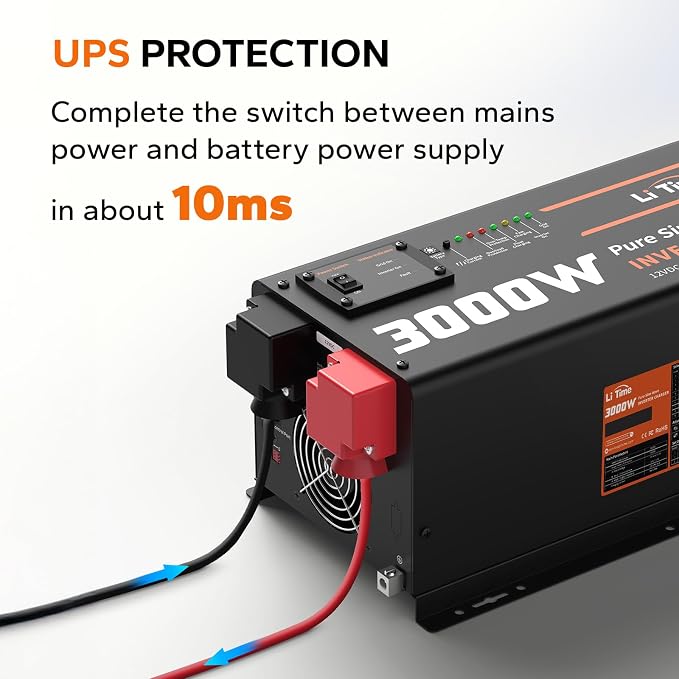 LiTime 3000W Pure Sine Wave Inverter Charger, 12V DC to 120V AC Solar Controller, 9000W Peak Power, UPS Function, 5A - 45A Adjustable Current, LCD Remote Control, for RV, Home Backup, Truck, Boat