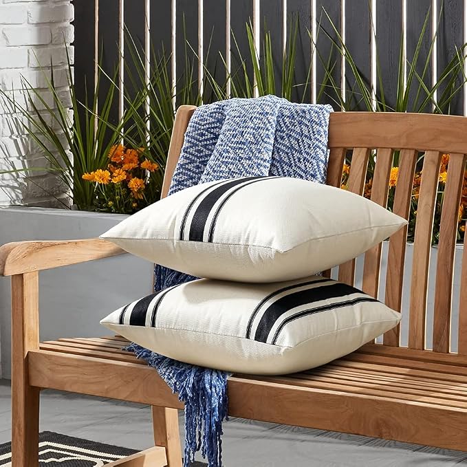 OTOSTAR Pack of 2 Outdoor Waterproof Decorative Pillow Covers 16x16 Inch Linen Geometry Pillowcases Cushion Case Garden Throw Pillow Covers Pillows Shell for Patio Furniture Couch Tent Balcony (Black)