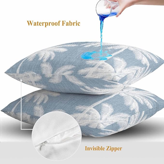 Outdoor Pillow Covers 20x20 Inch Set of 2, Light Blue Palm Trees Waterproof Throw Pillow Covers, Farmhouse Tropical Summer Beach Decorative Cushion Pillowcases for Couch, Sofa, Bed, Garden, Patio