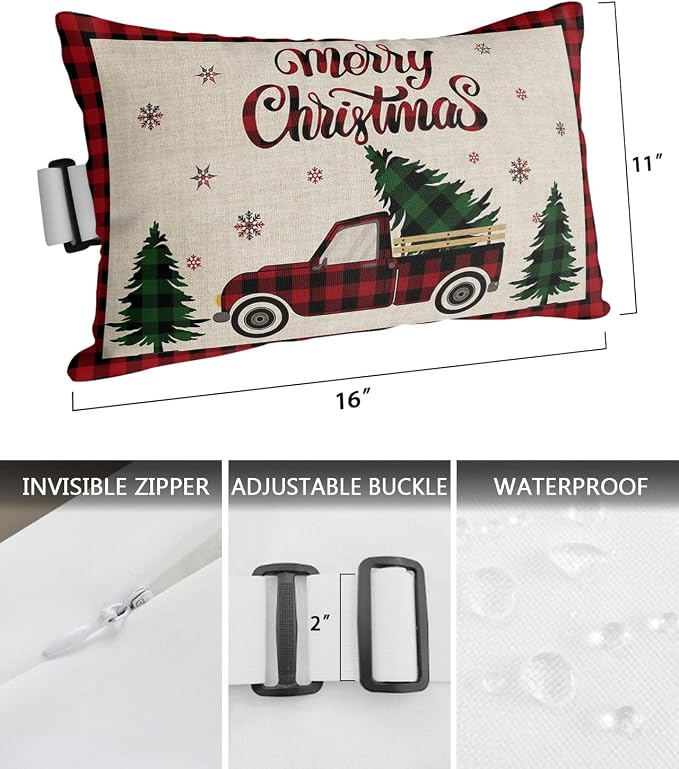 Outdoor Pillows Covers with Inserts Merry Christmas Red Truck Pull Xmas Tree Rustic Waterproof Pillow with Adjustable Strap Throw Pillows for Patio Furniture Recliner Lounge Chair, 11x16 inch, 1PCS